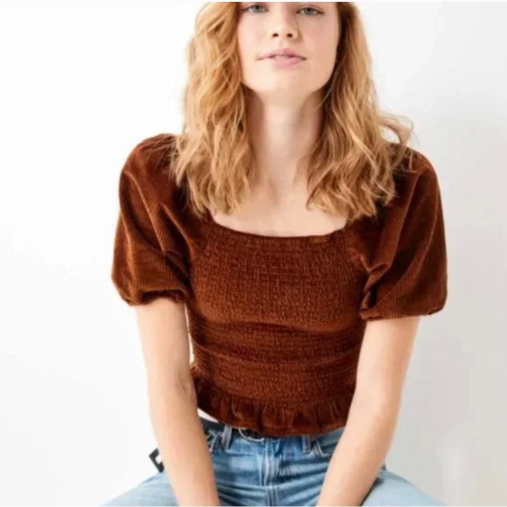 American Eagle 100% Cotton Velvet Puff Sleeve Boho Crop Top Brown XS